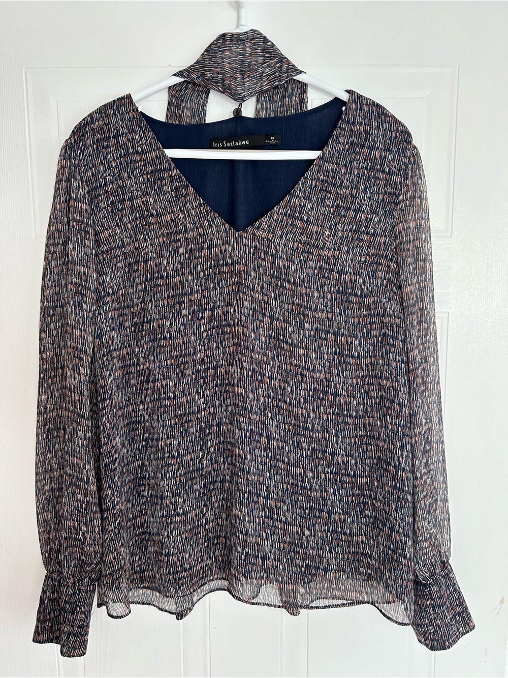 Iris Setlakwe Navy & Tan Printed V-Neck Long Sleeve Blouse